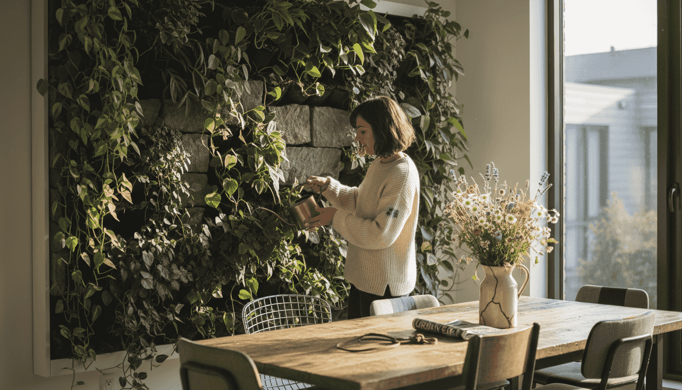 Watering indoor living wall biophilic space