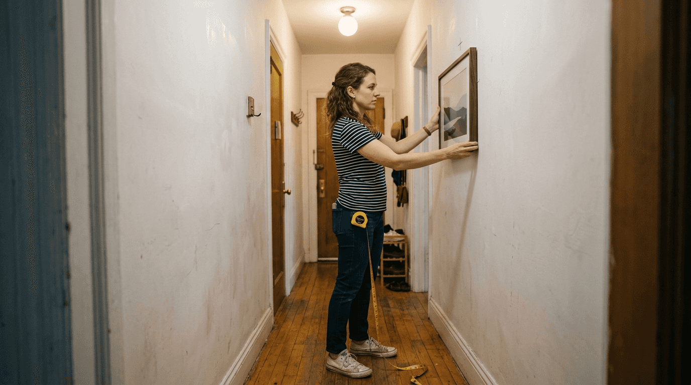 Woman measuring wall art for proper scale
