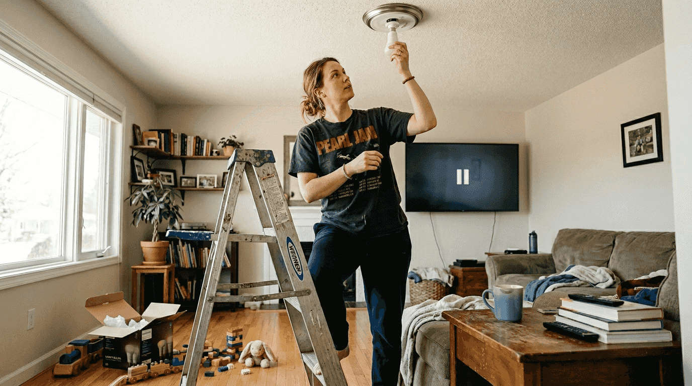 Woman installing smart bulb in home fixture