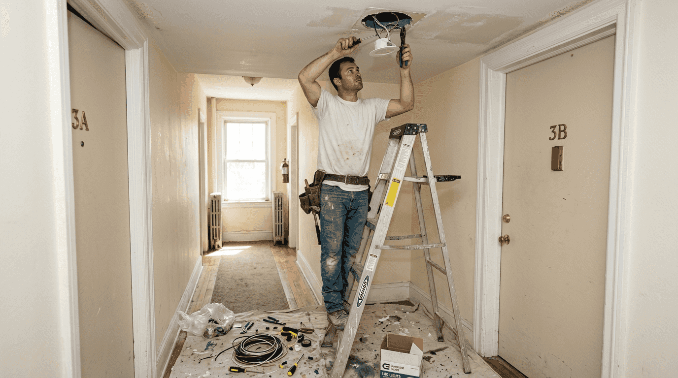 Recessed lighting installation in small hallway