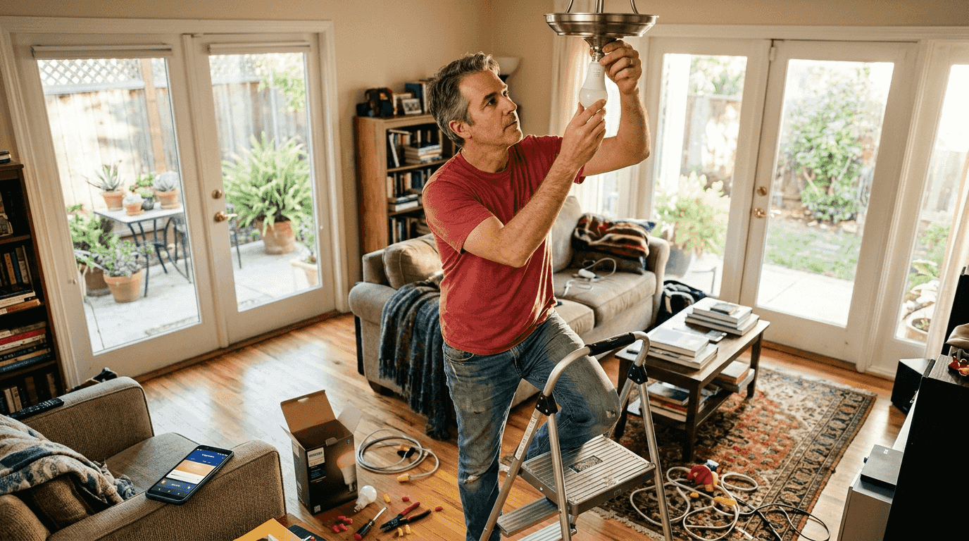 Man installing smart lighting in living room