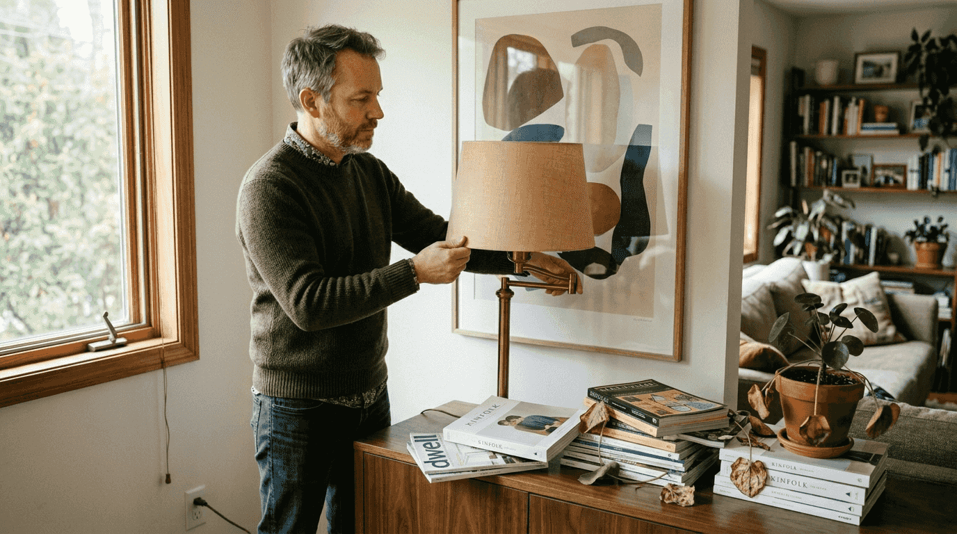 Man adjusting lamp among home accessories