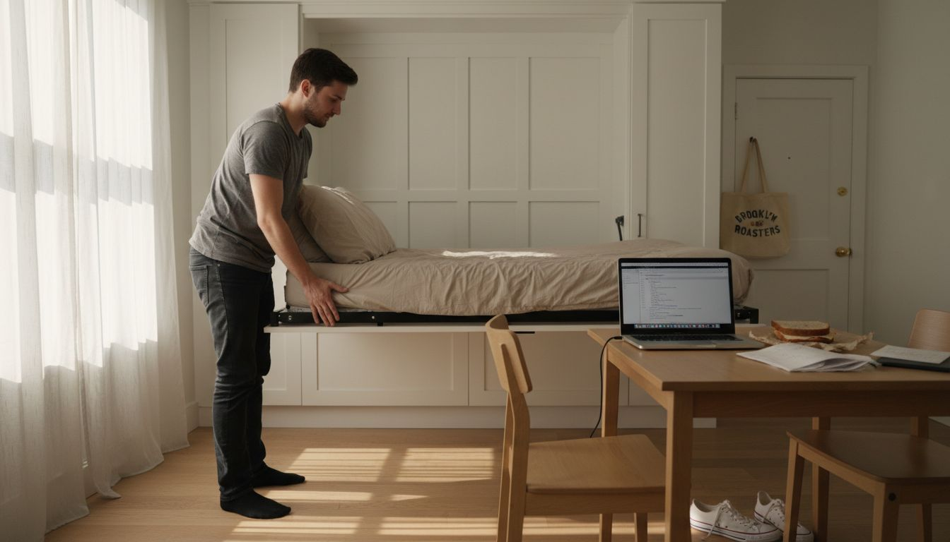Murphy bed folding into functional studio space