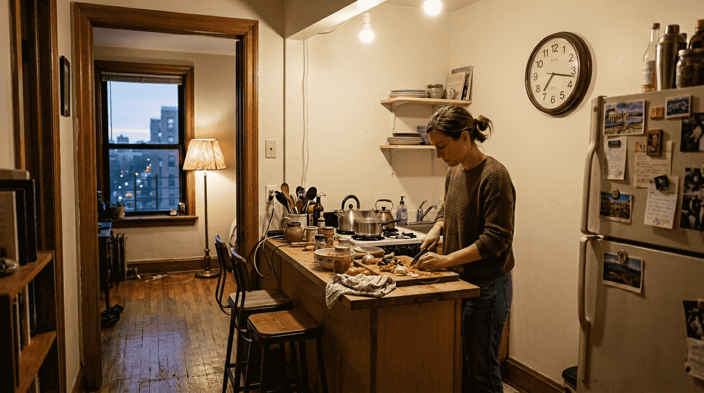 Layered lighting for cozy apartment kitchen