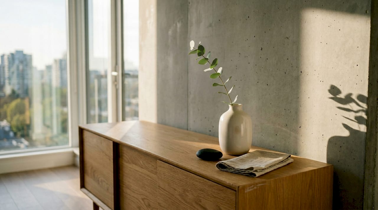 Minimalist vase and accents on credenza