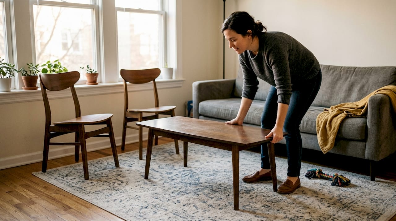 Woman arranges furniture on medium rug