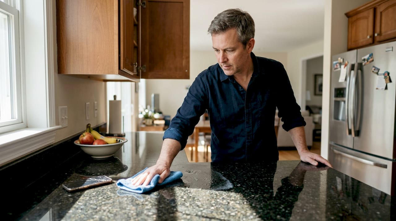 Man cleaning organized, decluttered kitchen counter