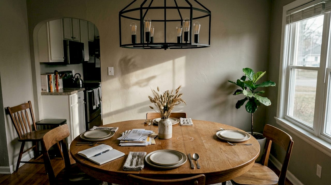 Chandelier sized perfectly above dining table