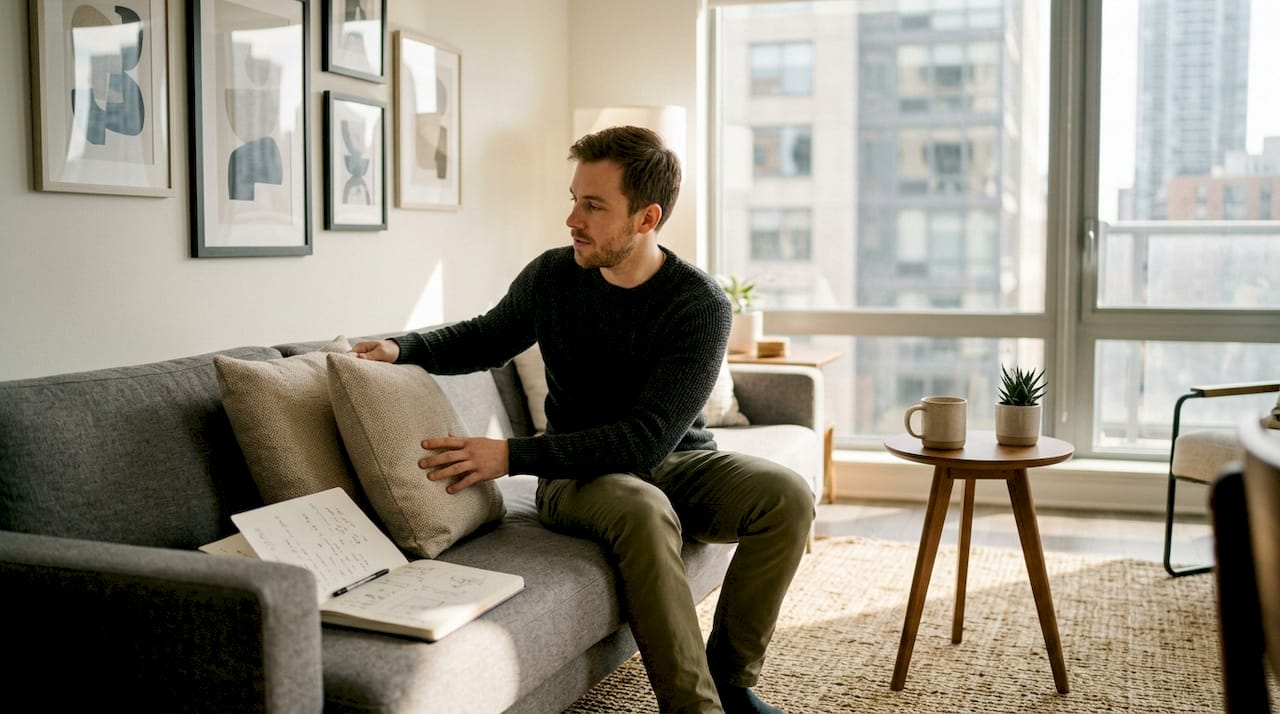 Man arranging cohesive living room decor