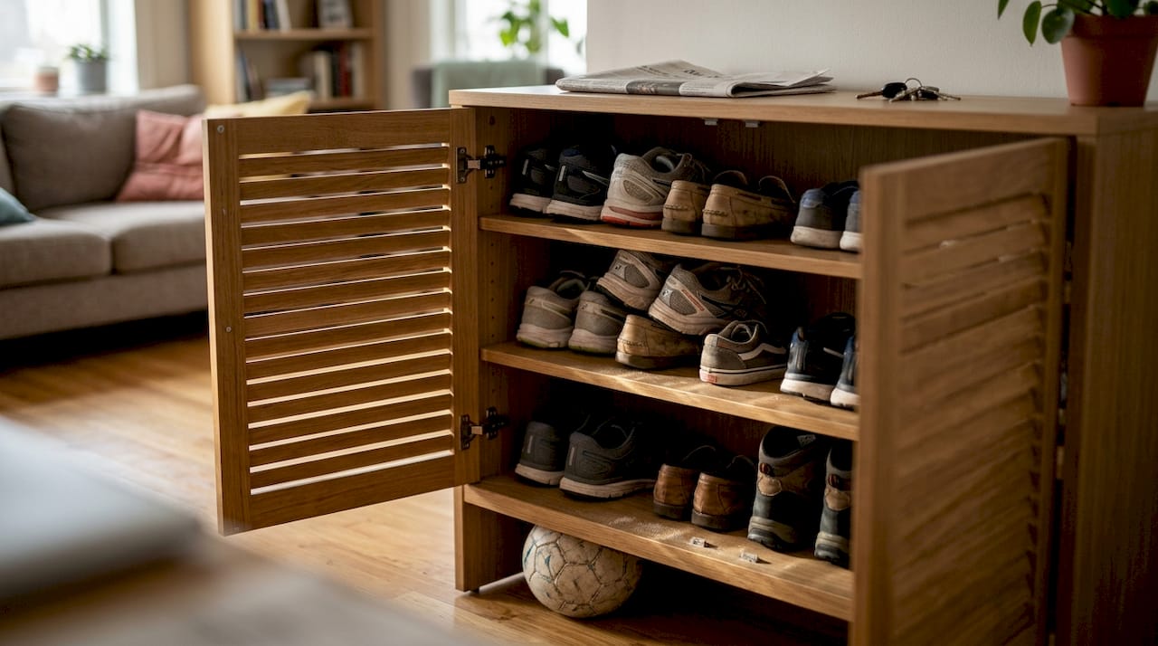 Open shoe cabinet with adjustable shelves
