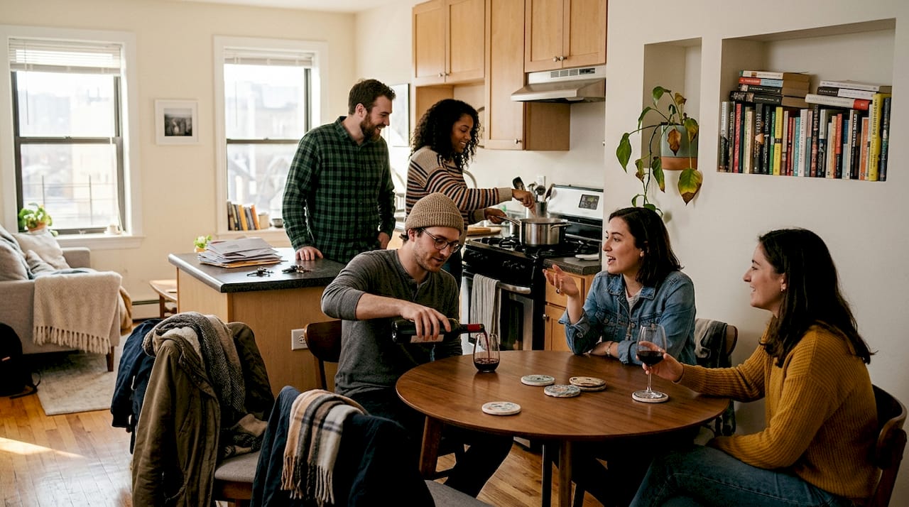 Couple entertains friends in open-plan home