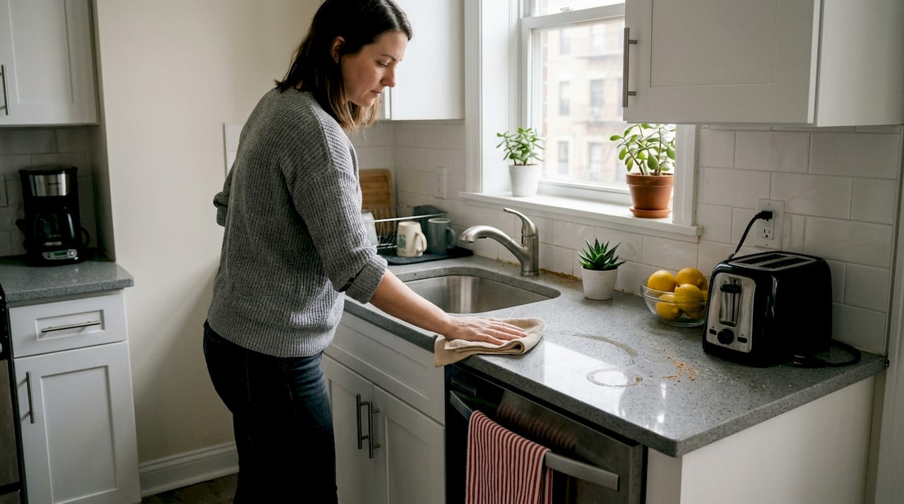 Homeowner cleaning kitchen for minimal staging