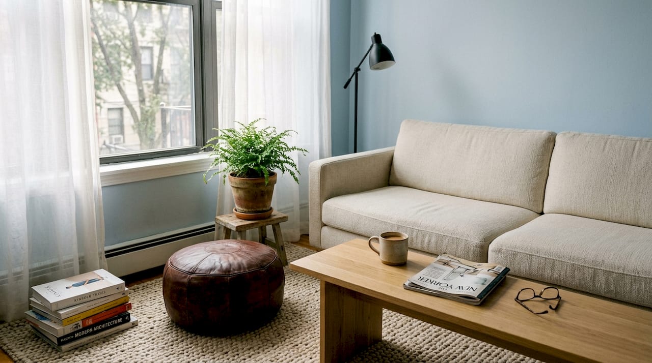 Warm minimalist living room with natural textures