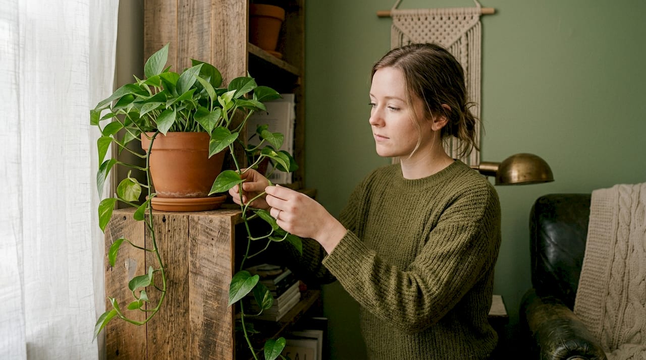 Macramé and plants in cozy bohemian corner