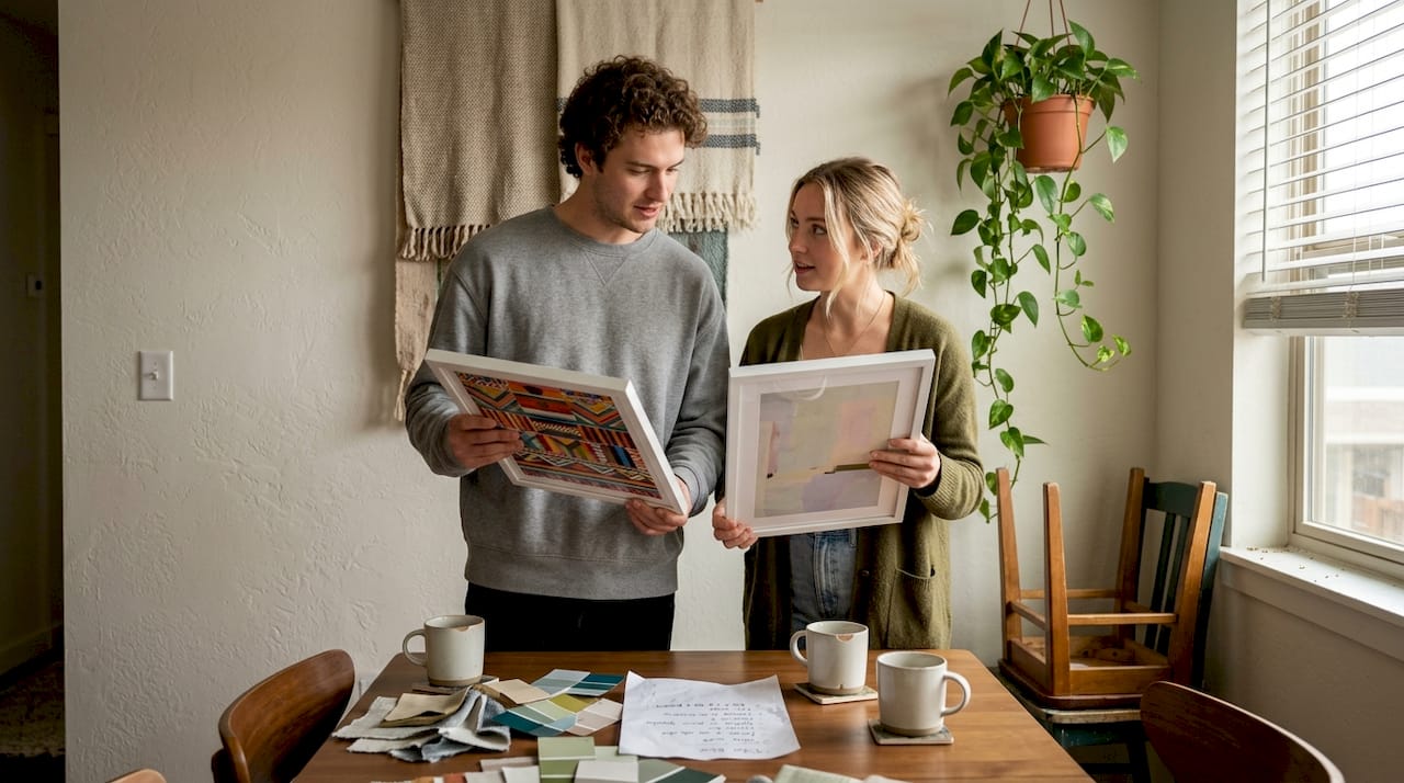 Couple comparing boho and eclectic prints