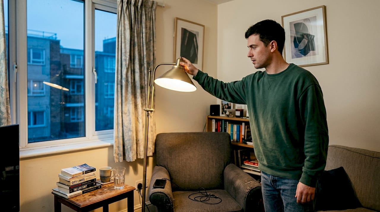 Man adjusting lamp in a real home
