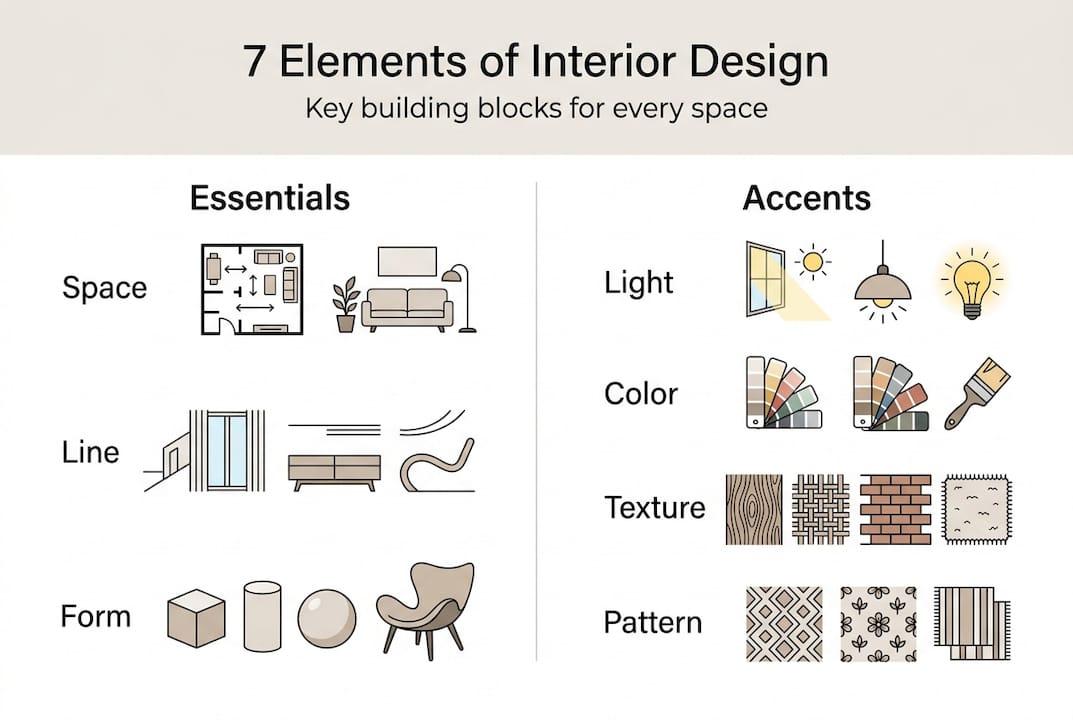 Infographic summarizing seven interior design elements