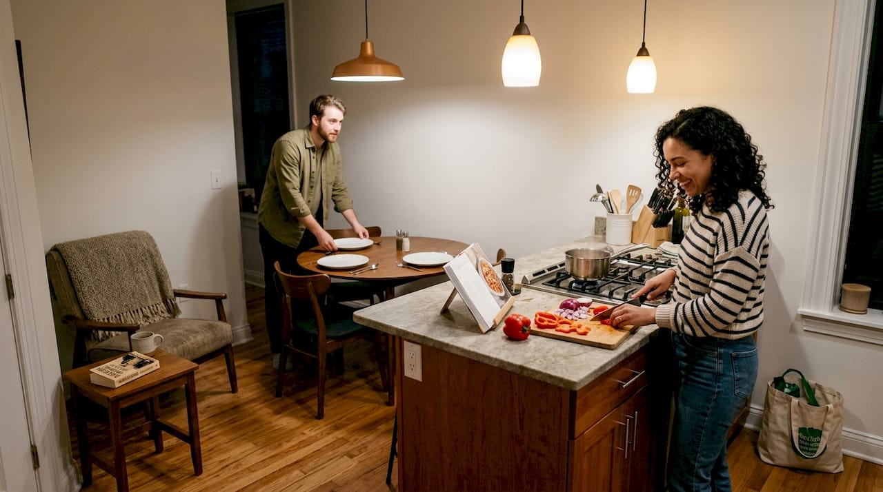 Couple using zoned compact kitchen