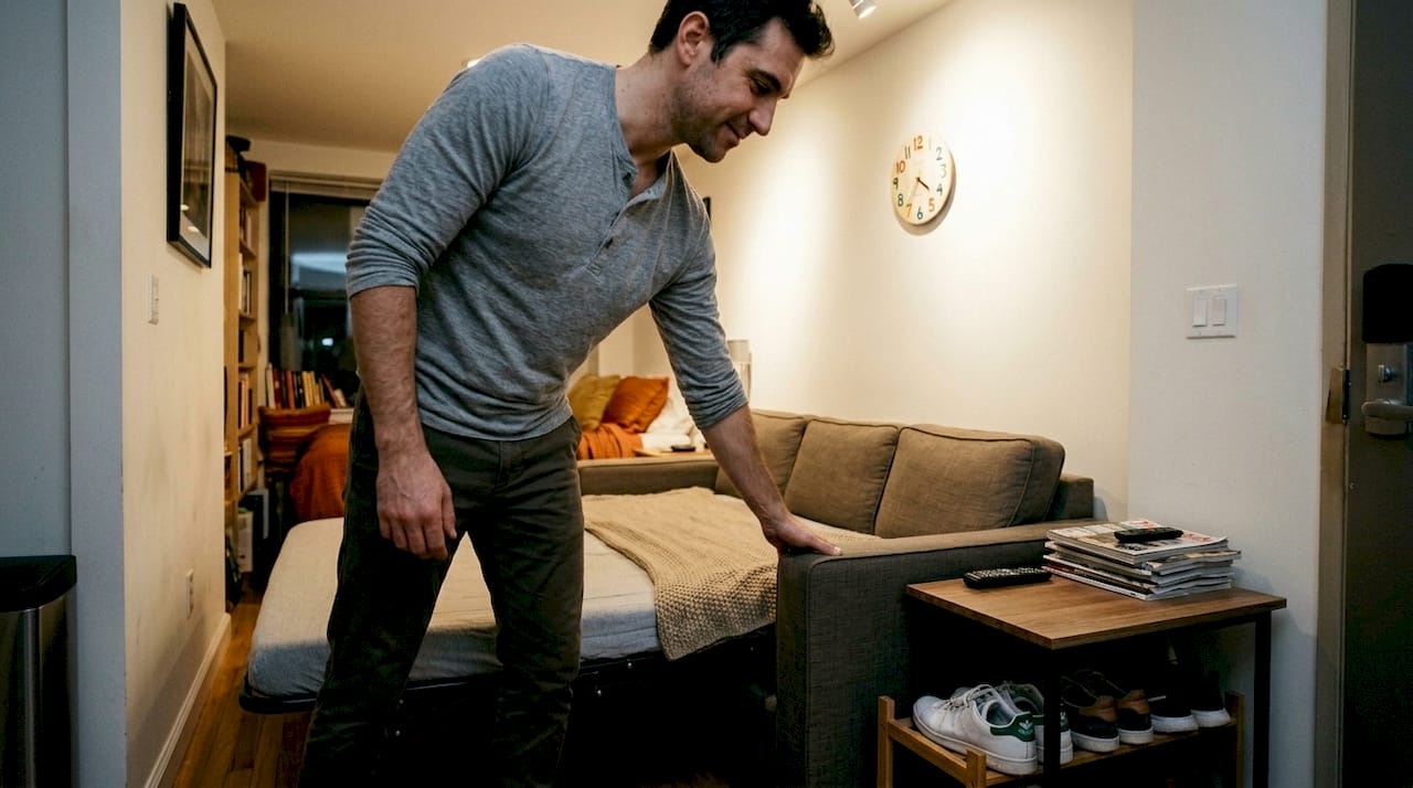 Man unfolding sofa bed in small studio