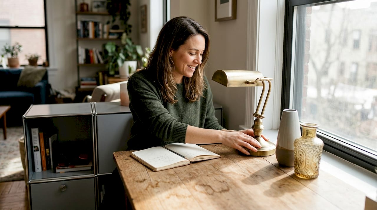 Woman arranging layered vintage and modern furniture