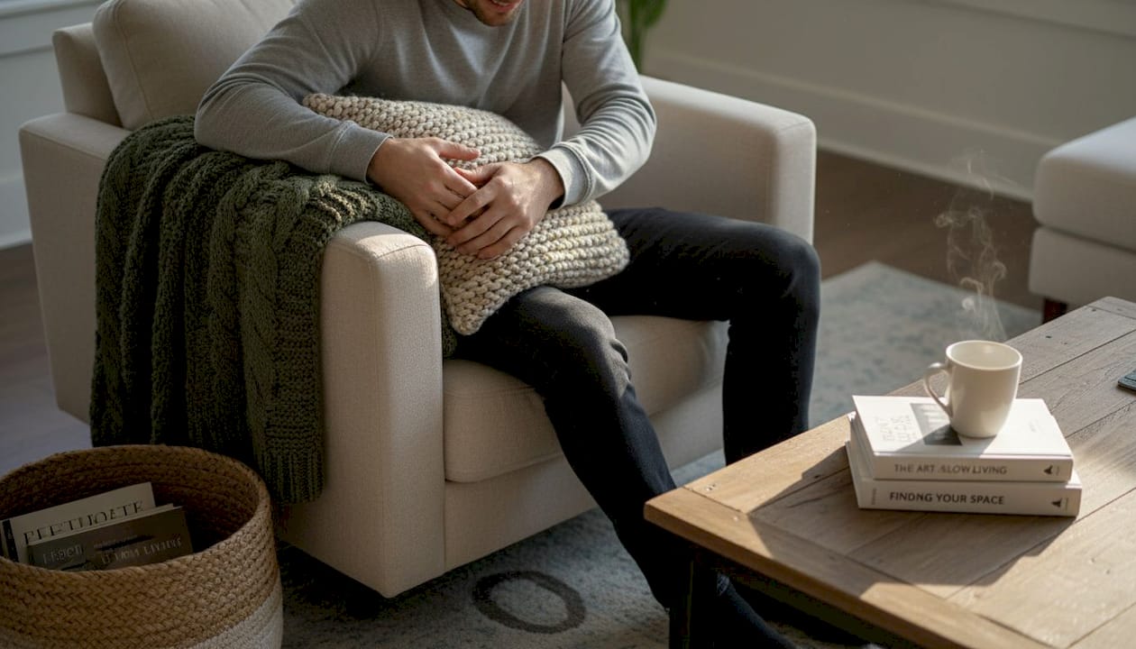 Man arranging textured pillows and throws in living room
