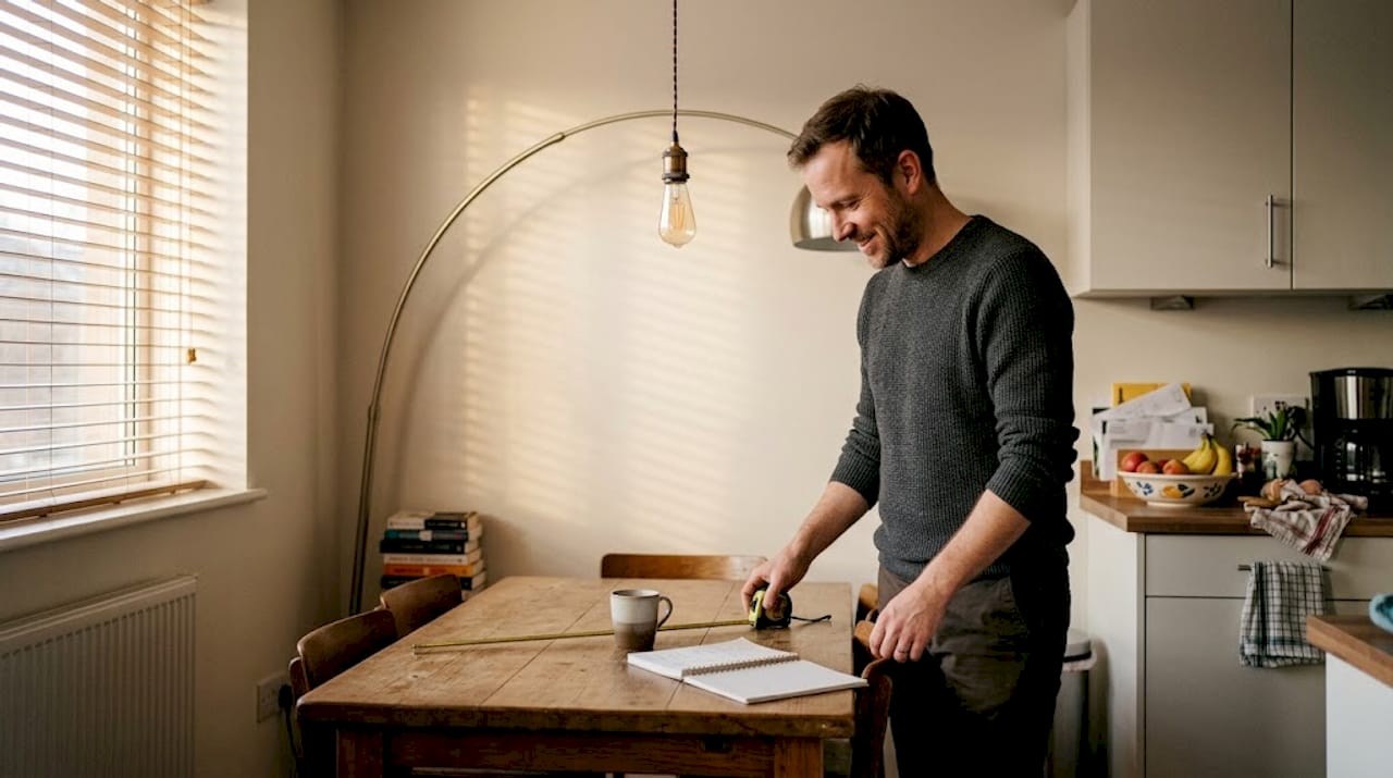 Man measuring dining table for light fixture
