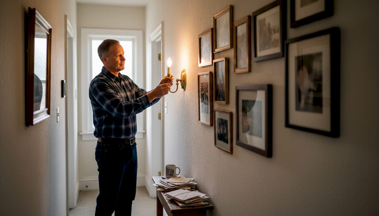 Person adjusting brass wall sconce in hallway