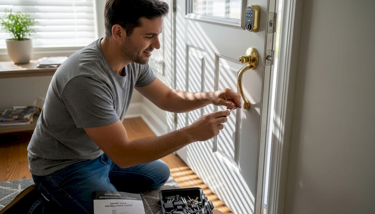 Person installs smart lock on wood entry door