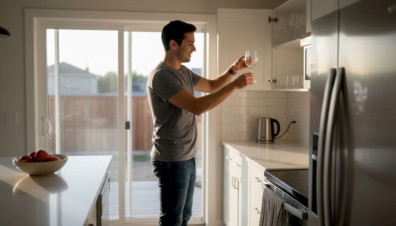 Man putting away glassware in modern kitchen
