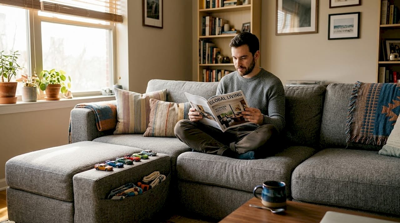 Man using modular sofa with storage features