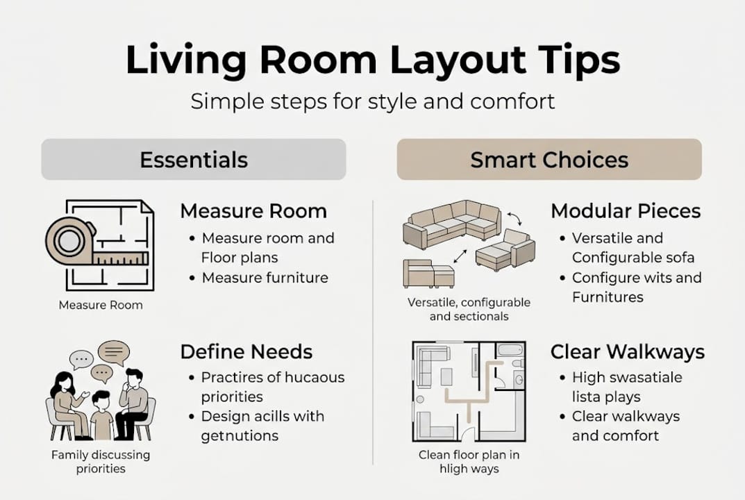 Infographic with living room layout essentials and tips