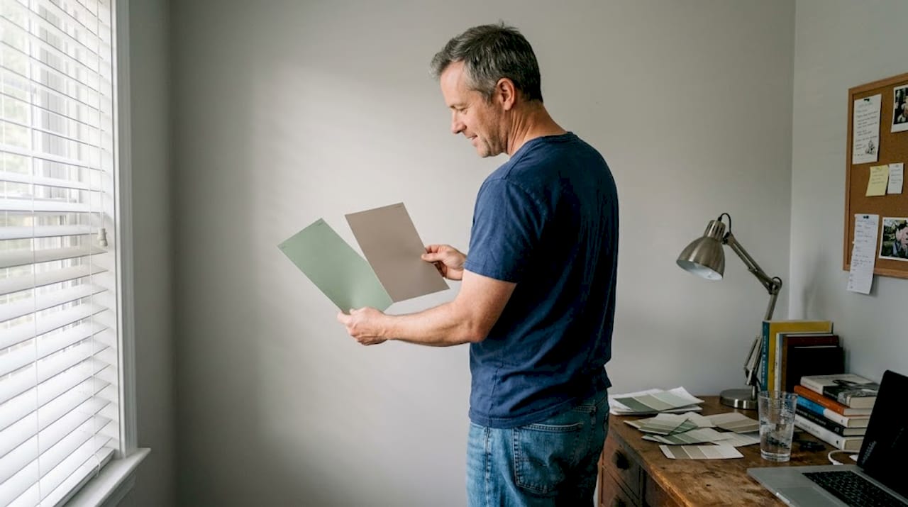 Man comparing paint colors in daylight