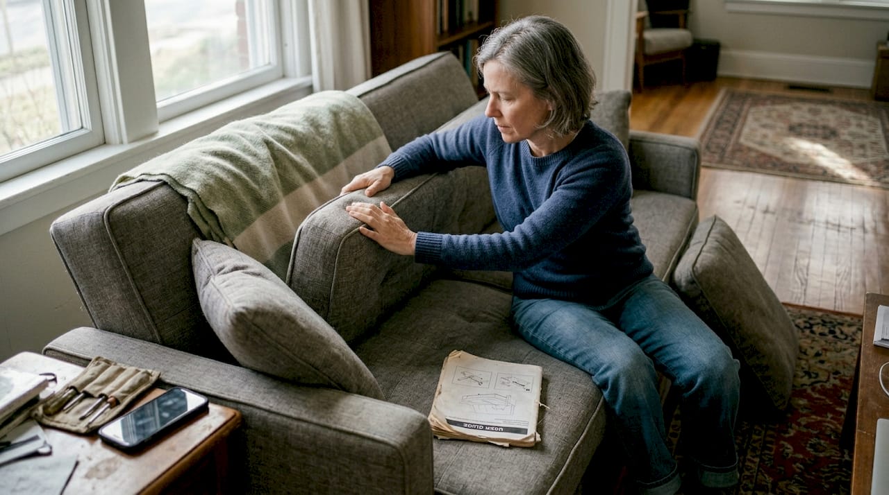 Person adjusting convertible sofa bed at home