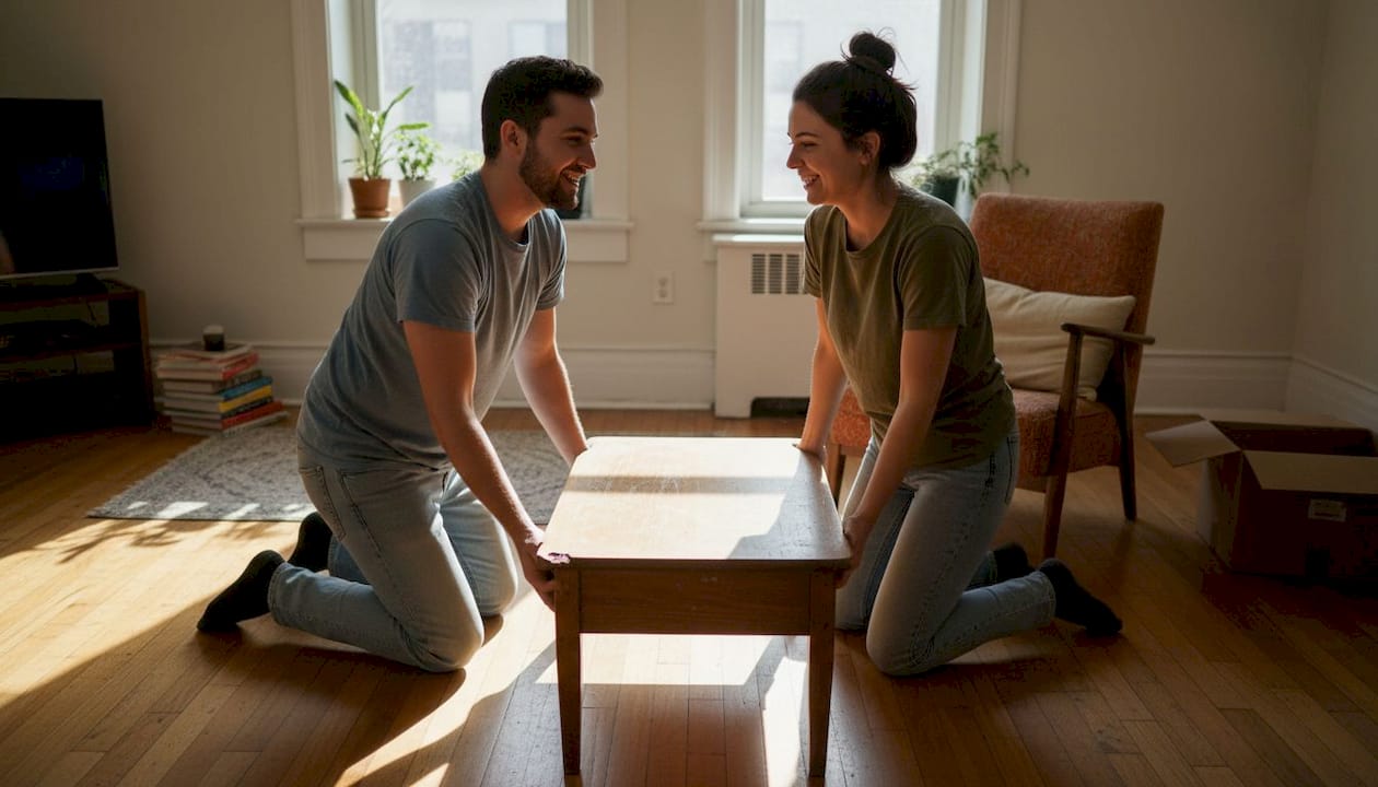 Couple arranging secondhand durable furniture