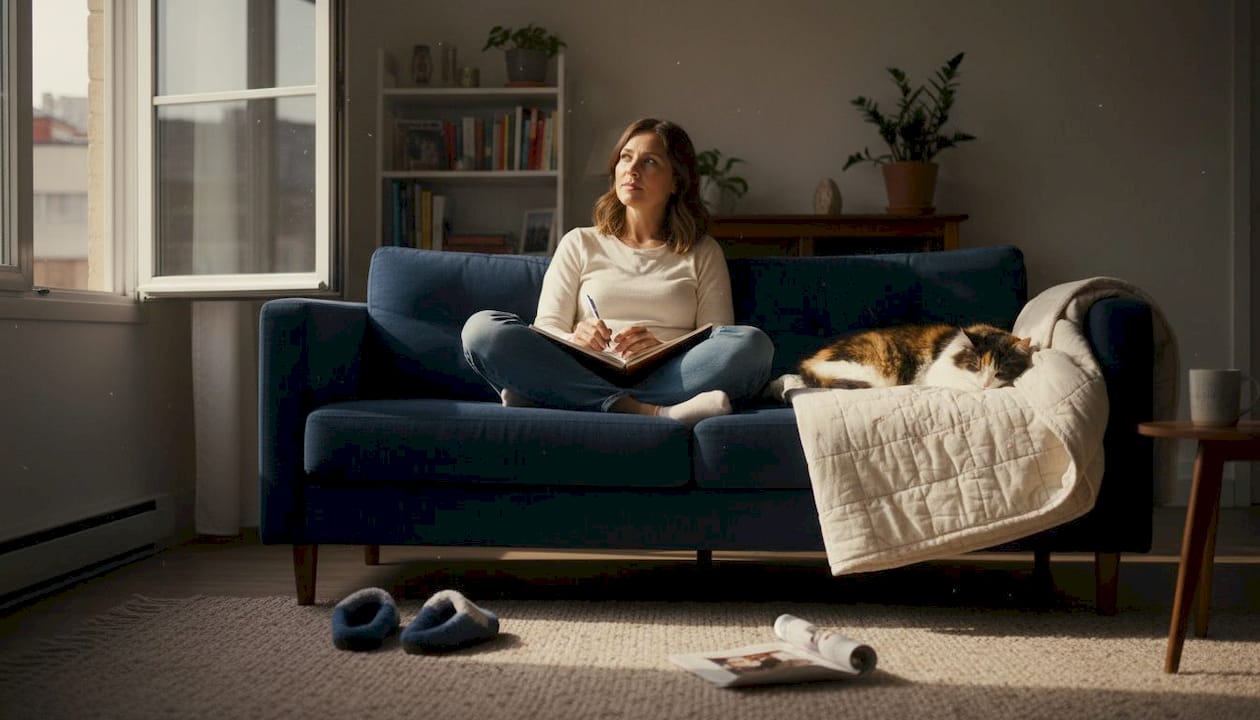 Woman judging sofa comfort in real living room