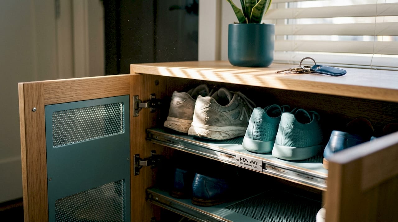 Ventilated shoe cabinet interior details