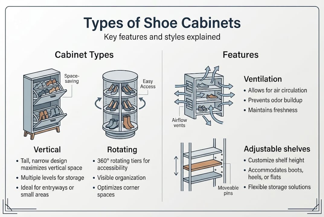 Infographic showing shoe cabinet types and features