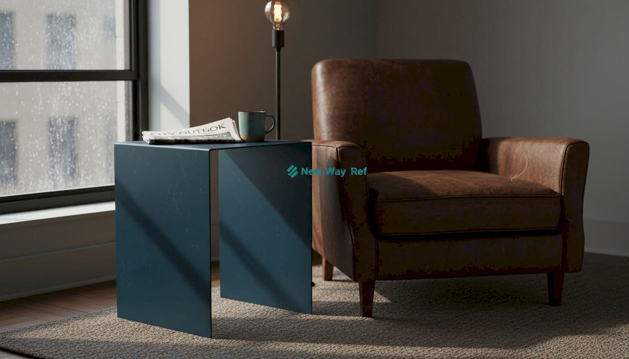 Industrial side table with armchair and mug