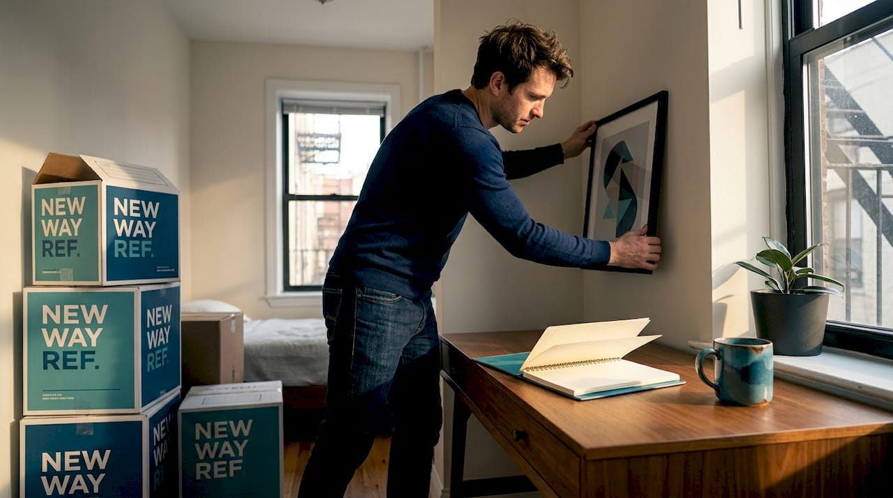 Man adjusting art print in small apartment bedroom