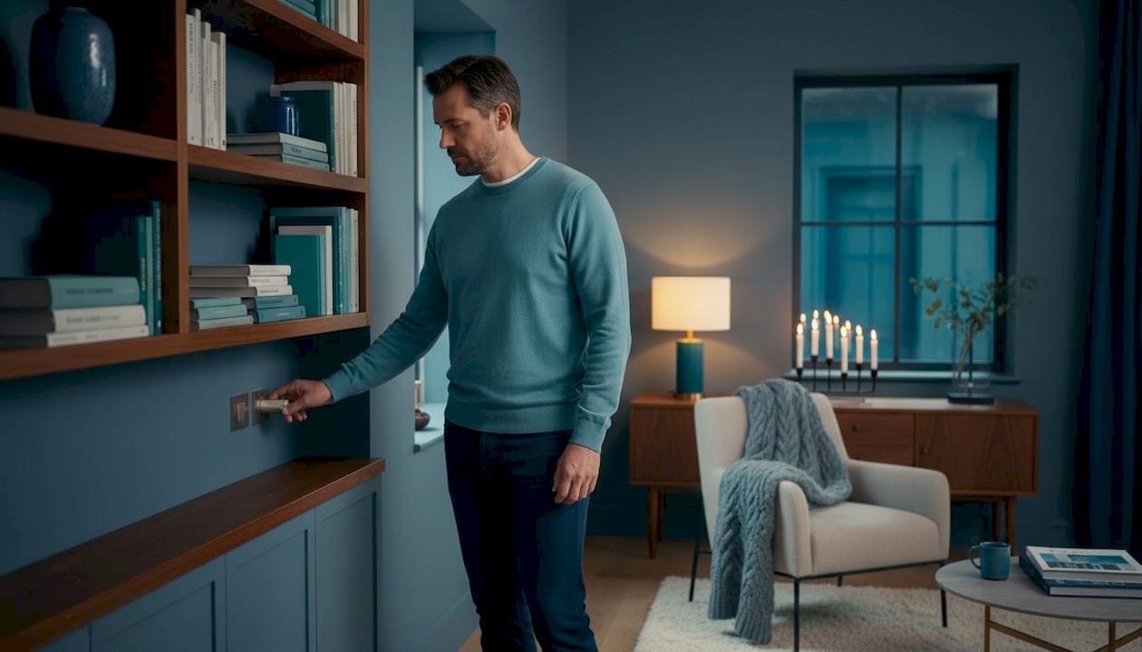 Person adjusting cozy lighting in living room
