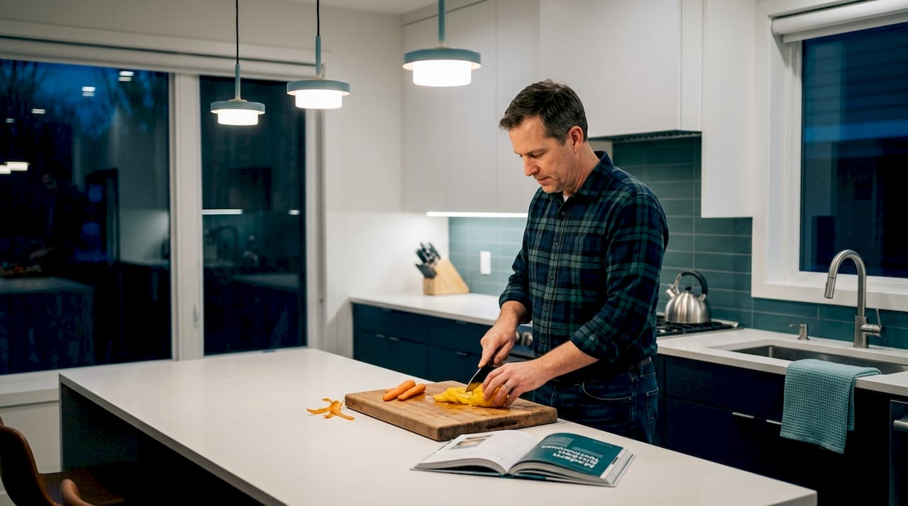 Man preparing food with layered kitchen lighting