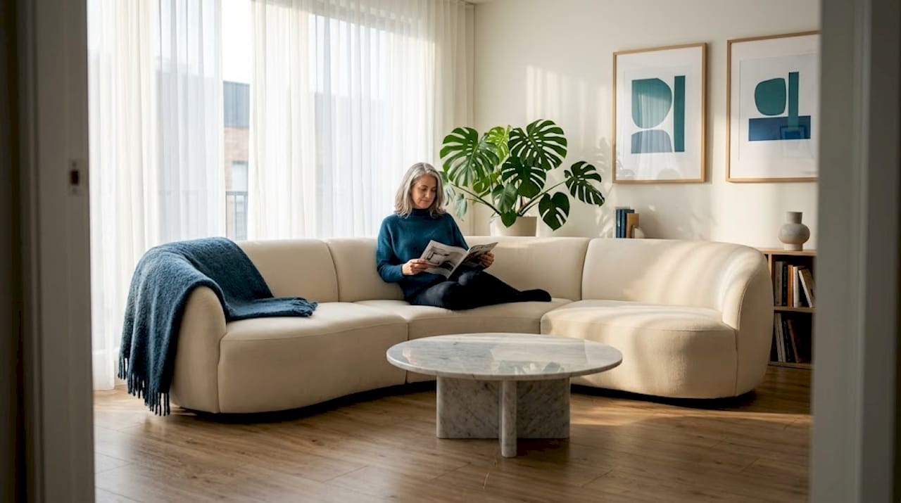 Woman reading on curved sofa living room