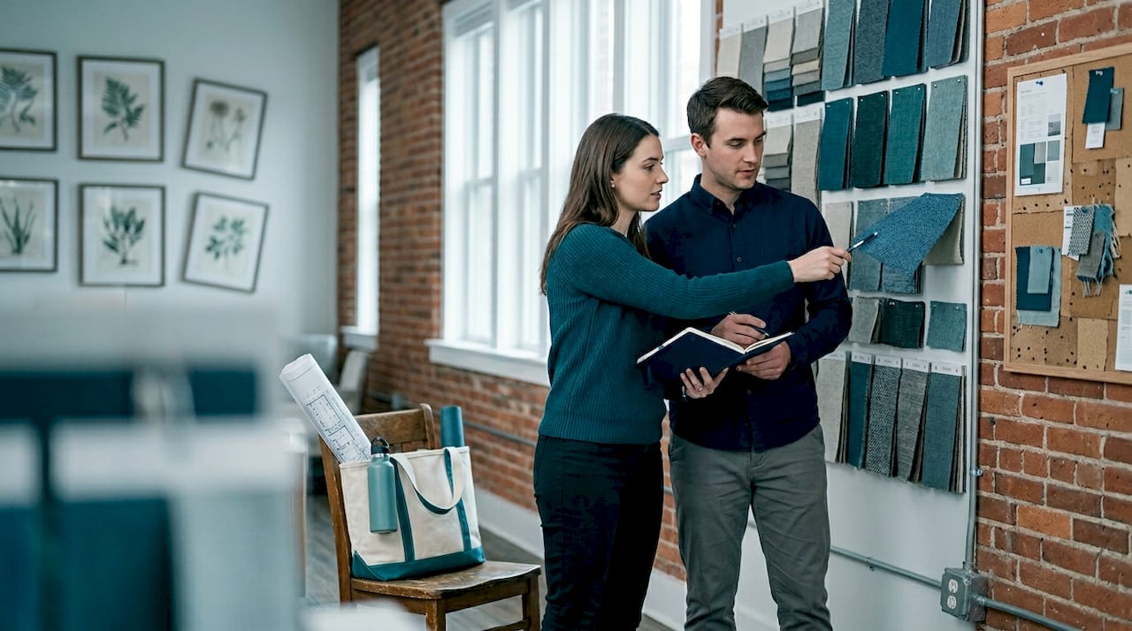Couple selecting sustainable furniture swatches