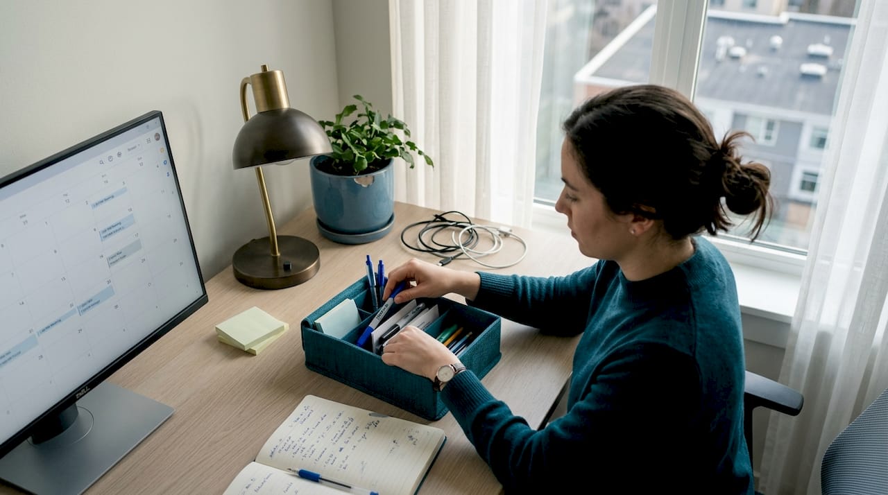 Worker organizing desktop with lamp and plant