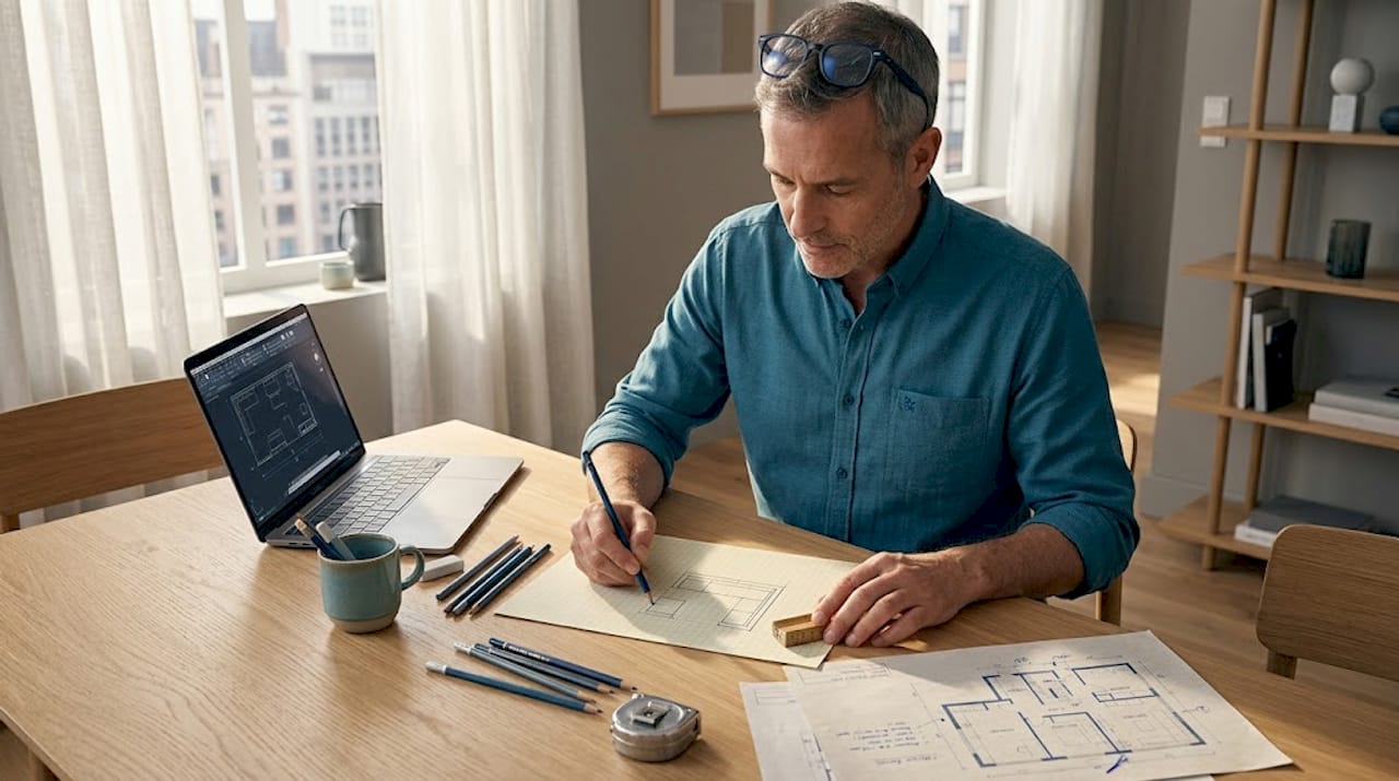 Man planning custom furniture layout in apartment