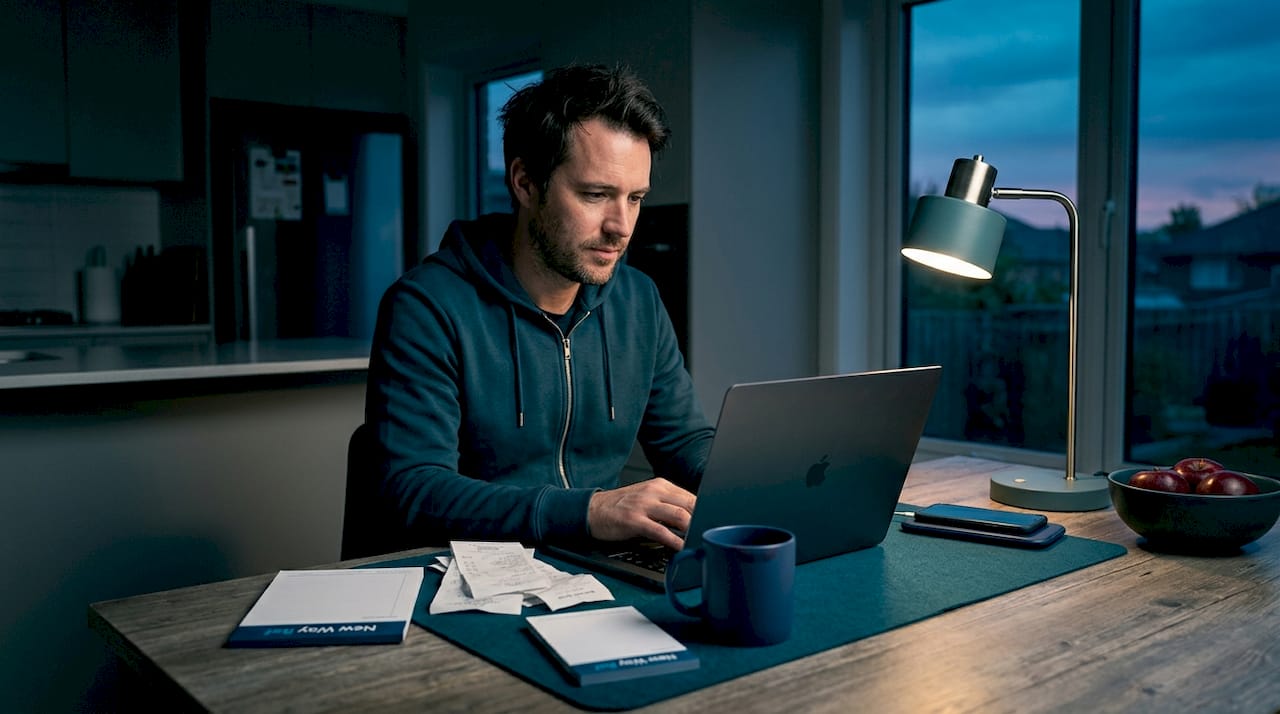 Man using task lighting at home workspace