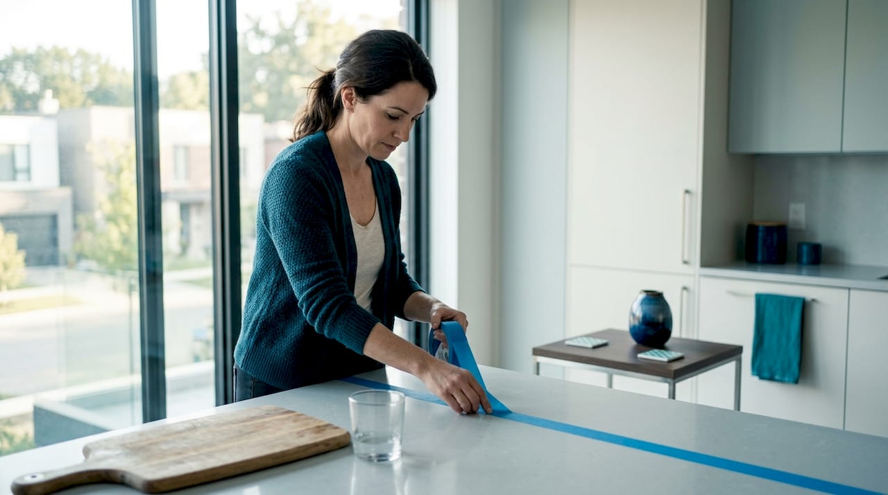 Woman marking accent table placement at home