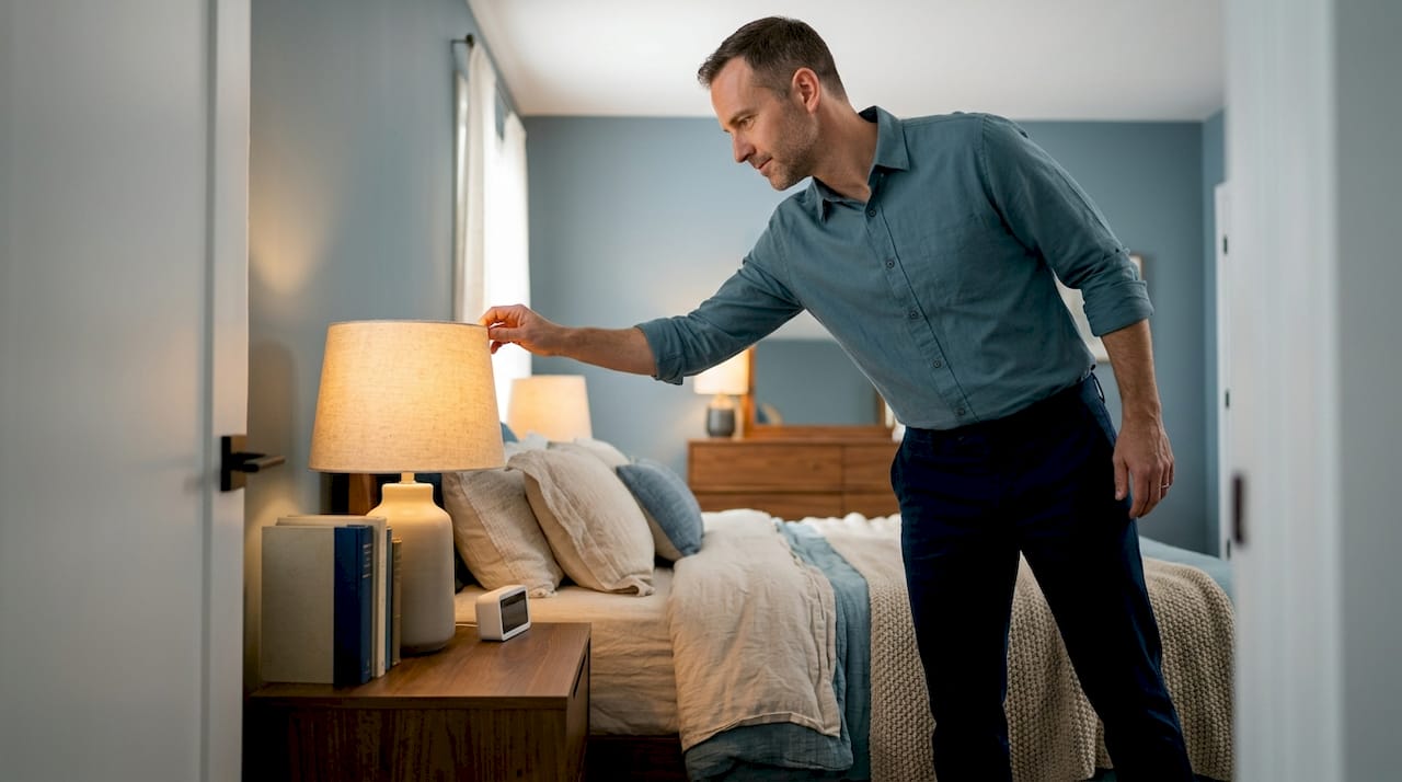 Adjusting lighting in a cozy bedroom