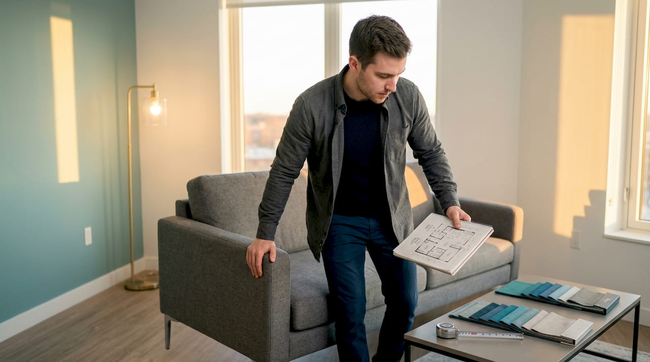 Man checking room layout with sofa and plan