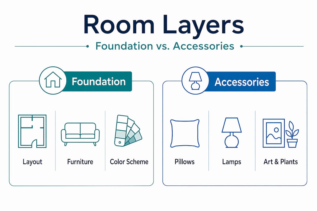 Split infographic of foundation versus accessory layers